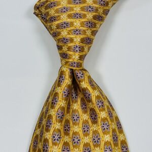 Ermenegildo Zegna Tie Mens 100% Silk Gold‎ Purple Floral Geometric Made in Italy